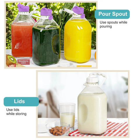 64 Oz Heavy Duty Glass Milk Bottle With Airtight Screw Cap Reusable One Half Gallon Water Bottle With Scale Lines 2 Qt Glass Milk Jug Pitcher Includes Extra Gaskets And Handle, filled with colored juices.