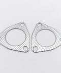 Two 2.5-inch exhaust flange gaskets, 63.2mm bore, 3-bolt triangular plates, silver metal