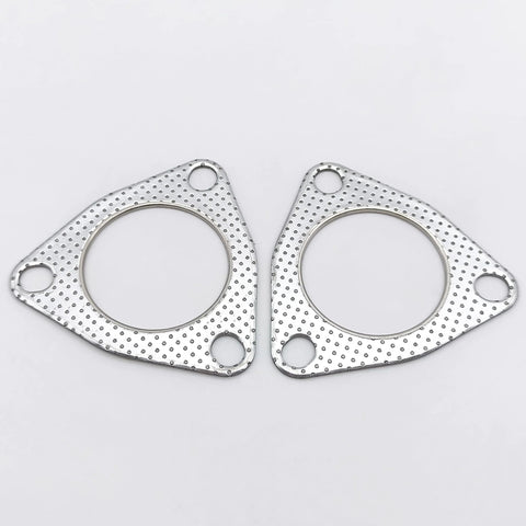 Two 2.5-inch exhaust flange gaskets, 63.2mm bore, 3-bolt triangular plates, silver metal