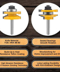 Two router bits from Three Piece Router Bit Set Pro Grade With One Quarter Inch Shank For Round Over Ogee Rail And Stile Cabinet Doors Carbide Groove And Tongue Milling Tools For Woodworking And Precise Joinery displayed on a wooden surface with labels highlighting features.