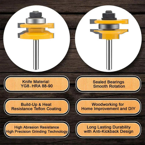 Two router bits from Three Piece Router Bit Set Pro Grade With One Quarter Inch Shank For Round Over Ogee Rail And Stile Cabinet Doors Carbide Groove And Tongue Milling Tools For Woodworking And Precise Joinery displayed on a wooden surface with labels highlighting features.