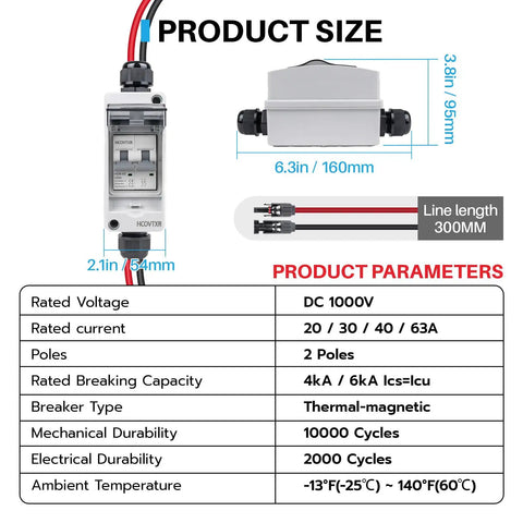 Solar Panel Disconnect Switch 30A 1000V DC PV Breaker With Cable IP65, product dimensions and parameters displayed.