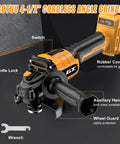 Cordless 4-1/2 Inch Brushless Angle Grinder for 20V Max, side view showing spindle lock, auxiliary handle, and wheel guard.