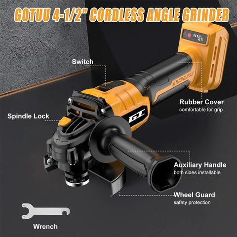 Cordless 4-1/2 Inch Brushless Angle Grinder for 20V Max, side view showing spindle lock, auxiliary handle, and wheel guard.
