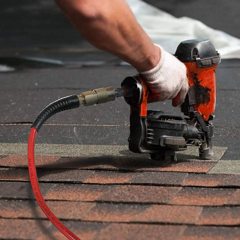 Person using 1/4-Inch By 50-Foot Polyurethane Air Hose With Bend Restrictors For Indoor Finishing Projects on roofing job