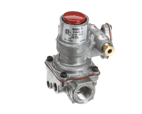 OEM 17018 Gas Valve Replacement for commercial ovens, stainless steel construction, side view with brass fittings, red cap visible.