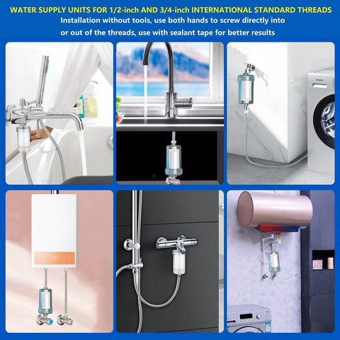 2 Micron High Flow Washer Water Filter System with visible chamber installed in various household setups