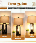 Three lighting levels of Two Light Bedside Table Lamps With Rotary Switch 3 Way Dimmable Bedroom And Living Room Lighting With USB Charging Ports Industrial Nightstand Lamps With Fabric Shade Bulbs Included
