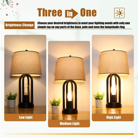 Three lighting levels of Two Light Bedside Table Lamps With Rotary Switch 3 Way Dimmable Bedroom And Living Room Lighting With USB Charging Ports Industrial Nightstand Lamps With Fabric Shade Bulbs Included