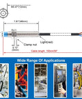 Diagram of 8mm Inductive Proximity Sensor LJ8A3-2-Z BY, DC 10-30V, PNP NO Output, with labeled dimensions and usage examples.