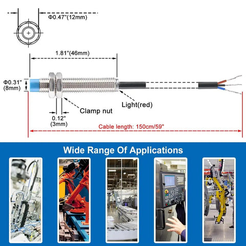 Diagram of 8mm Inductive Proximity Sensor LJ8A3-2-Z BY, DC 10-30V, PNP NO Output, with labeled dimensions and usage examples.