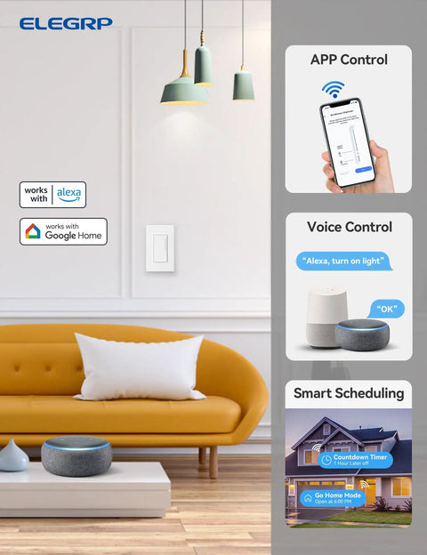 Slick Matte White Smart Dimmer Switch 2 Pack Single Pole Wi-Fi Touch Control displayed with smart home features and devices.