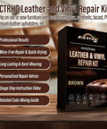 Slick Legit Leather And Vinyl Repair Kit For Couch Furniture Sofa Chair And Seats Featuring Realistic Brown Shade Mixing Tools displayed on a table.