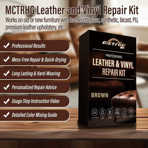 Slick Legit Leather And Vinyl Repair Kit For Couch Furniture Sofa Chair And Seats Featuring Realistic Brown Shade Mixing Tools displayed on a table.