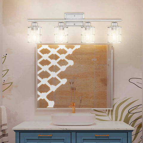 4 Light Brushed Nickel Bathroom Wall Sconce With Clear Glass in modern bathroom over mirror