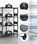 4-Tier Folding Metal Storage Rack With Wheels No-Assembly Heavy Duty Shelving Unit 600 Lb Capacity Collapsible and Mobile Organizer for Kitchen Pantry Bathroom and Closet Easy Setup black 4-tier shelf with 88 lb shelves and swivel casters