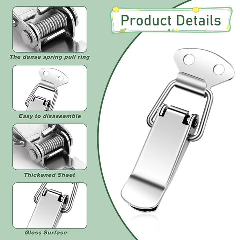 Stainless Steel Spring Loaded Toggle Latch Set Four Pack With Screws Heavy Duty Metal Locking Latch details view showing spring mechanism and gloss surface.