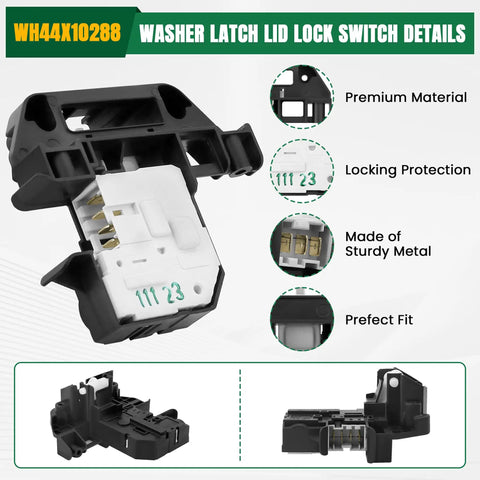 Washer Door Lid Lock Switch Replacement For Front Load Washers Premium Quality Repair Part Easy Install Replaces WH44X10288 And Related Numbers Durable Latch Lock For Reliable Laundry Day black plastic GE/Kenmore washer latch switch