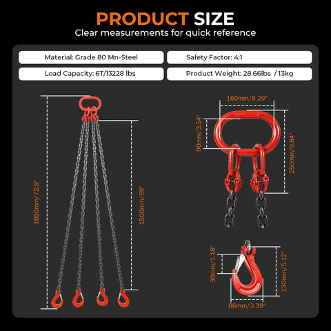 BEAMNOVA lifting chains with hooks, four 5/16 in x 5 ft steel chains with red hooks, 6-ton capacity (front view).