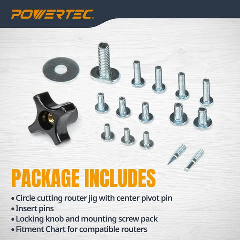 Package contents for Circle Cutter Router Jig For Perfect Circles 10 To 53 Inches With Dual Pivot Pin System Circle Guide Kit.
