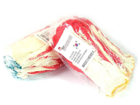 Red Palm Latex Dipped Gloves With String Knit Grip Reusable Adult Size Work Gloves For Handy Tasks in packaging
