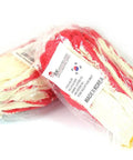 Bulk 300 Pairs String Knit Red Palm Latex Dipped Work Gloves in packaging, showing lightweight 10 gauge poly cotton blend material, made in Korea.
