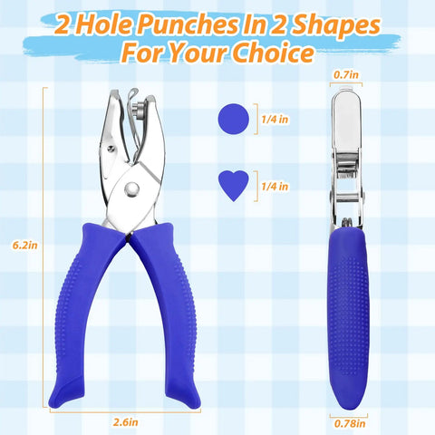 Two Pack Handheld Paper Punch Kit With One Quarter Inch Heart And Round Punches For Scrapbooking shown with blue handles