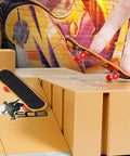 All In One Finger Skate Park Kit With 3 Mini Finger Skateboards And 8 Ramp Decks DIY Skate Park Build Includes Screws And Connectors Perfect Gift For Boys And Girls Ages 5 And Up, featuring finger performing tricks on ramps.