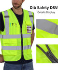 High Visibility Reflective Safety Vest For Men And Women With Pockets And Zipper ANSI Class 2 Yellow XL American Sized Built To Last Tough As Nails Rugged Stitching Durable Work Vest displayed on person with close-up of pockets and zipper.