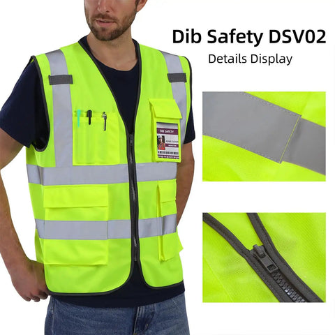 High Visibility Reflective Safety Vest For Men And Women With Pockets And Zipper ANSI Class 2 Yellow XL American Sized Built To Last Tough As Nails Rugged Stitching Durable Work Vest displayed on person with close-up of pockets and zipper.