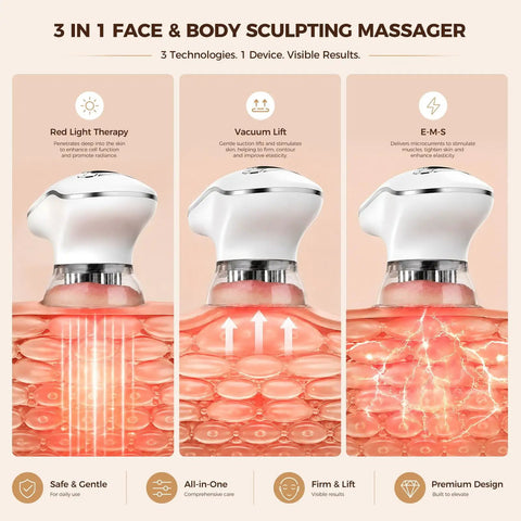 3-in-1 face and body sculpting massager with red light, vacuum lift, and EMS technologies for skin tightening and firming