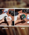 Lens cleaning tissue sheets and two double-sided cloths used to wipe camera lenses on a wooden desk