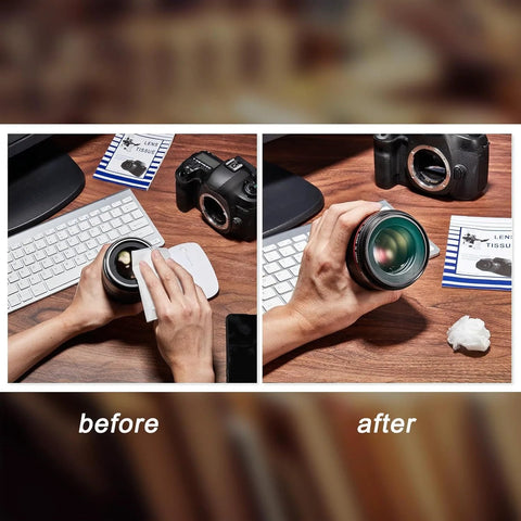 Lens cleaning tissue sheets and two double-sided cloths used to wipe camera lenses on a wooden desk