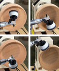 Front view of carbide wood lathe tools set with bowl sander shaping a wooden bowl.
Side view of wood lathe with bowl sander attached to tool rest, smoothing a wooden bowl.
Close-up of bowl sander head with white foam pad mounted on a tool, near a turning wooden bowl.
Installed view of lathe turning a wooden bowl with bowl sander in contact and adjustable head.