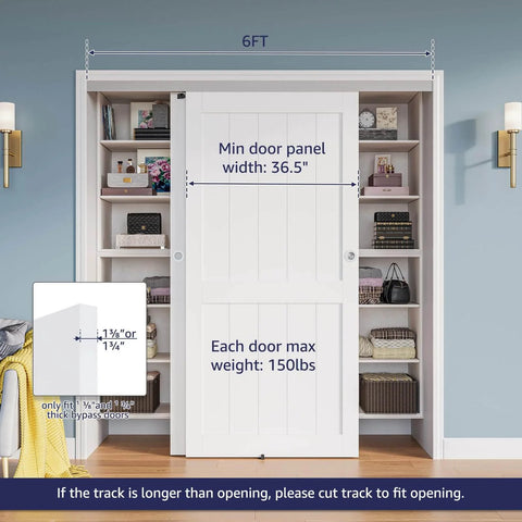 Go To 6 Ft Bypass Closet Door Track Kit With Top Mounted Hardware For Two Door System In Heavy Duty Aluminum Smooth And Quiet Operation Fits Minimum Door Panel Width Of 36.5 Inches Silver Finish installed in closet