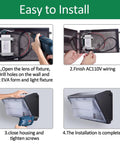 Installation steps for Beefy 120W LED Wall Pack Flood Light With Dusk To Dawn Photocell, 5000K Daylight, showing wiring and mounting.