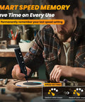 Person using Mini Cordless Rotary Tool Kit with 5 Speed Settings and USB Charging, focusing on speed memory feature.