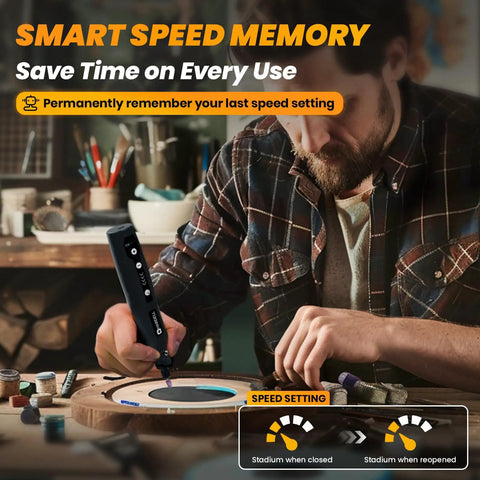 Person using Mini Cordless Rotary Tool Kit with 5 Speed Settings and USB Charging, focusing on speed memory feature.