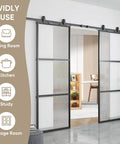 Two In One Double Barn Door Set 60 Inch By 84 Inch With 10 Ft Hardware Kit And Soft Close Reeded Glass Carbon Steel Frame Installed