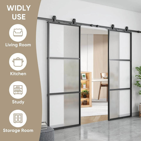 Two In One Double Barn Door Set 60 Inch By 84 Inch With 10 Ft Hardware Kit And Soft Close Reeded Glass Carbon Steel Frame Installed