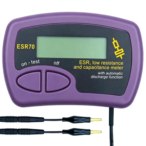 Dual-Parameter Capacitor Analyzer For ESR Testing With Internal And External Modes, Pro-Grade Gear That Works With ESR70 Capacitance Tester, Measures 0.3 uF To 90,000 uF For Electrolytic And Film Caps, Perfect For Electronic Maintenance, Quality Checks, purple handheld ESR70 meter with test leads