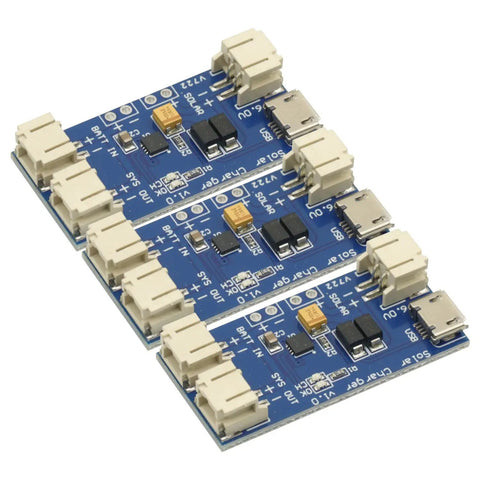 Hella Compact 3 Pack Solar Li Ion Battery Charger Board 500 Ma Cn3065 Chip, featuring three blue PCB boards with USB ports.