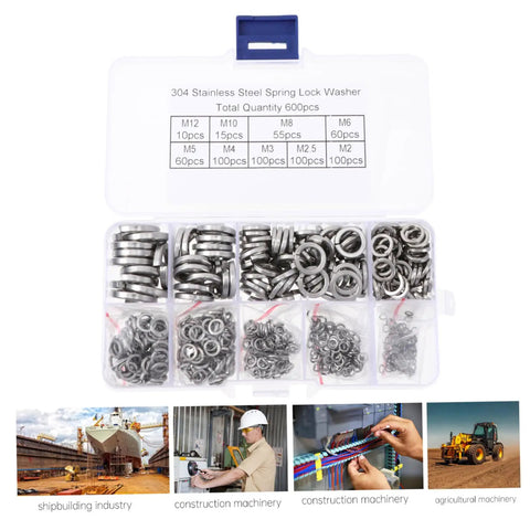 600 Piece M2 Stainless Steel Spring Washer Assortment Kit Lock Split Washers For Vibration Resistance And Tight Fit In Machinery And Equipment DIY Friendly Kit Pro, 304 case