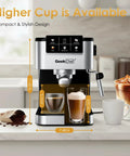 Quick Draw Espresso Machine With On Deck Milk Frother, 20 Bar Pump For Rich Pulls, showcases compact design and drinks on kitchen counter.