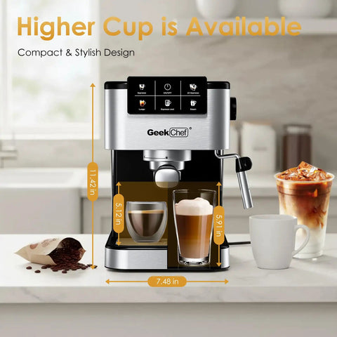 Quick Draw Espresso Machine With On Deck Milk Frother, 20 Bar Pump For Rich Pulls, showcases compact design and drinks on kitchen counter.