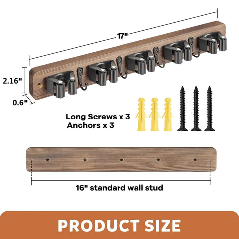 Rustic Wood Broom Holder Wall Mount With 5 Racks And 4 Hooks For Laundry Room Organization And Storage Mop Holder size view