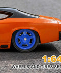 1/64 Scale Wheel And Tire Set With Axles For RC Diecast Cars Real Riders Rims 7-Spoke Blue And Black on orange diecast car
