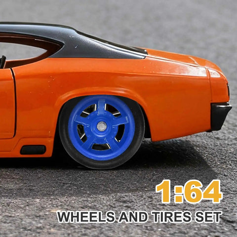 1/64 Scale Wheel And Tire Set With Axles For RC Diecast Cars Real Riders Rims 7-Spoke Blue And Black on orange diecast car