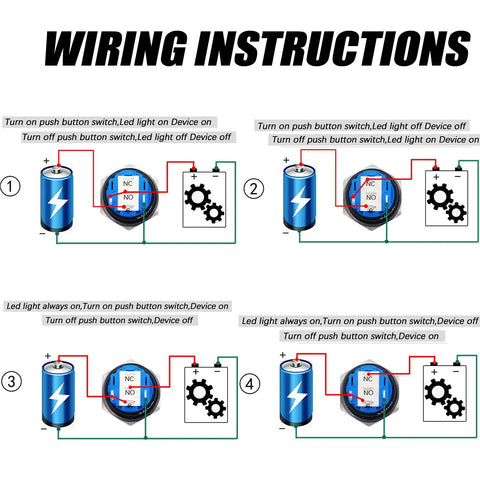 Wiring instructions for Rugged 12V Latching Push Button Switch 1NO1NC SPDT, Blue LED Power Light, showing connections for on/off setup.