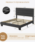 Full Platform Bed Frame With Upholstered Fabric Headboard In Grey Featuring Dense Foam Padding And Breathable Polyester For Super Comfy Nights and dimensions showing steel support and wooden slats.